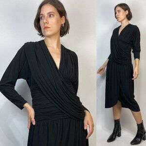 Vintage 1980s ELEGANT DRAPED Black Dress! Medium